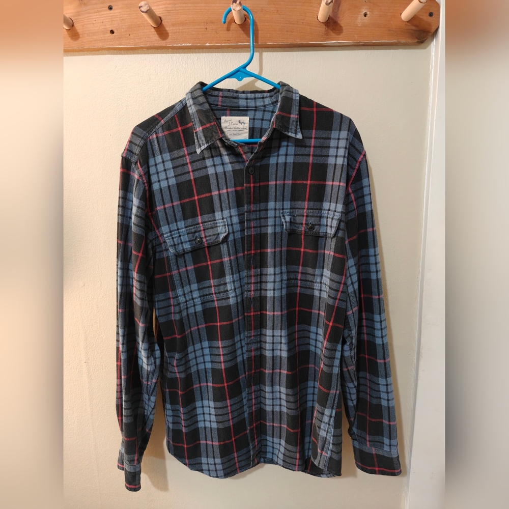 J.Crew Men's Brushed Cotton Flannel Shirt Plaid Blue Red Black Large